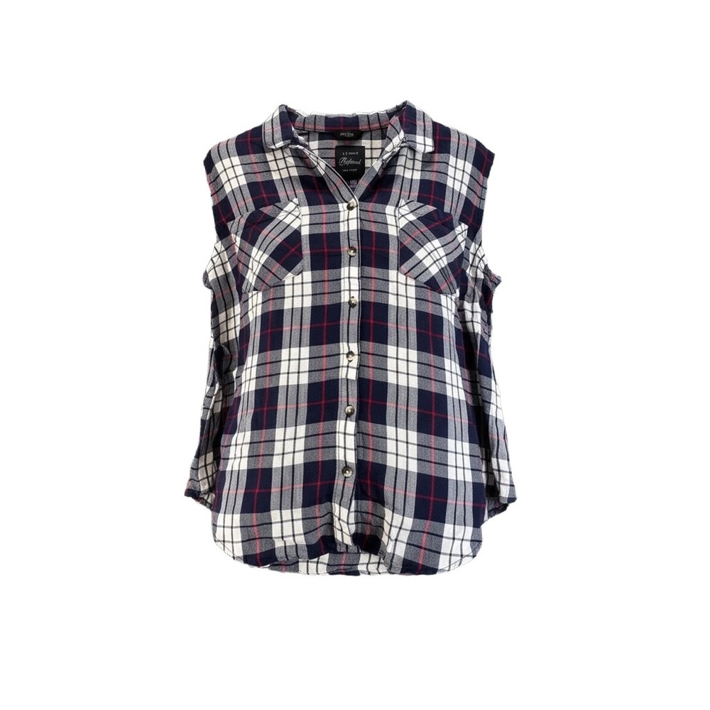 Jachs Girlfriend Womens XL Navy Blue Plaid Sleeveless Button Down Shirt Rayon